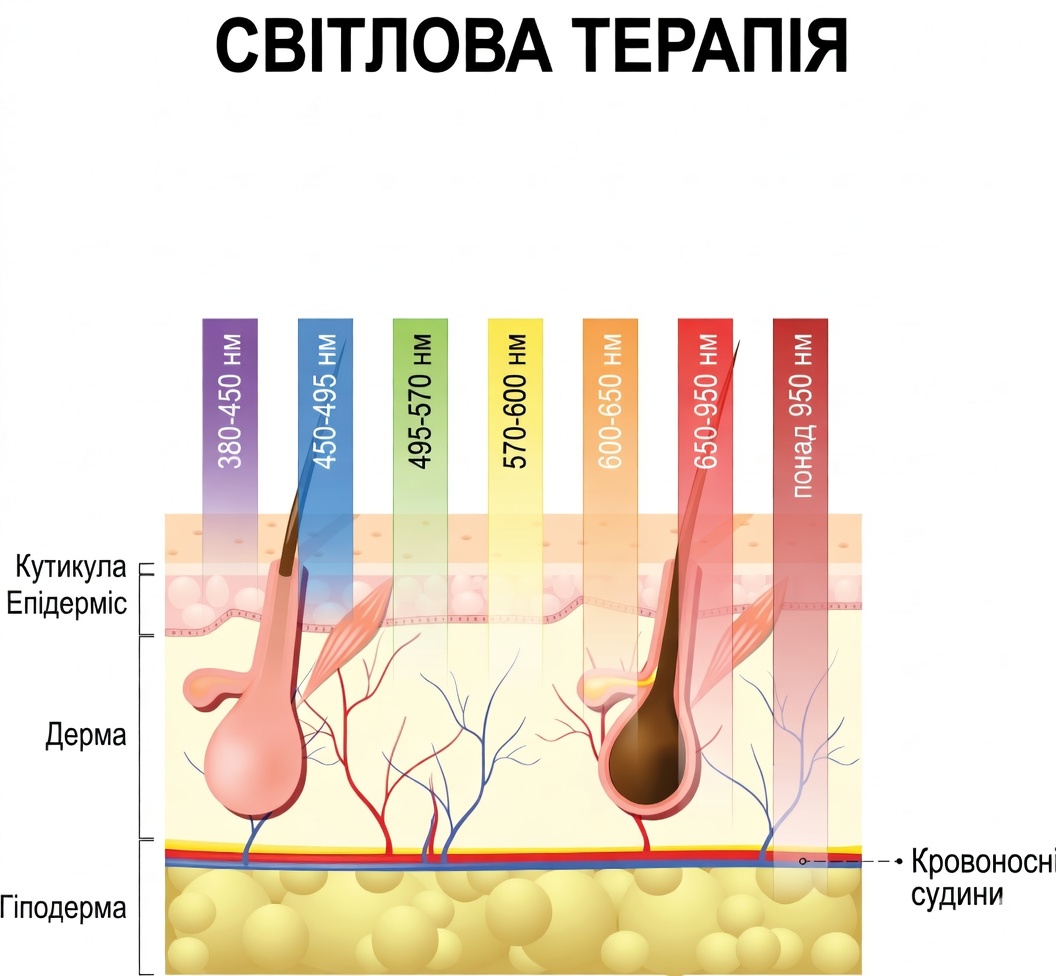 Схема світлової терапії: проникнення LED-хвиль (380&ndash;950 нм) у шари шкіри &mdash; епідерміс, дерму та гіподерму для лікування акне, зморшок і омолодження
